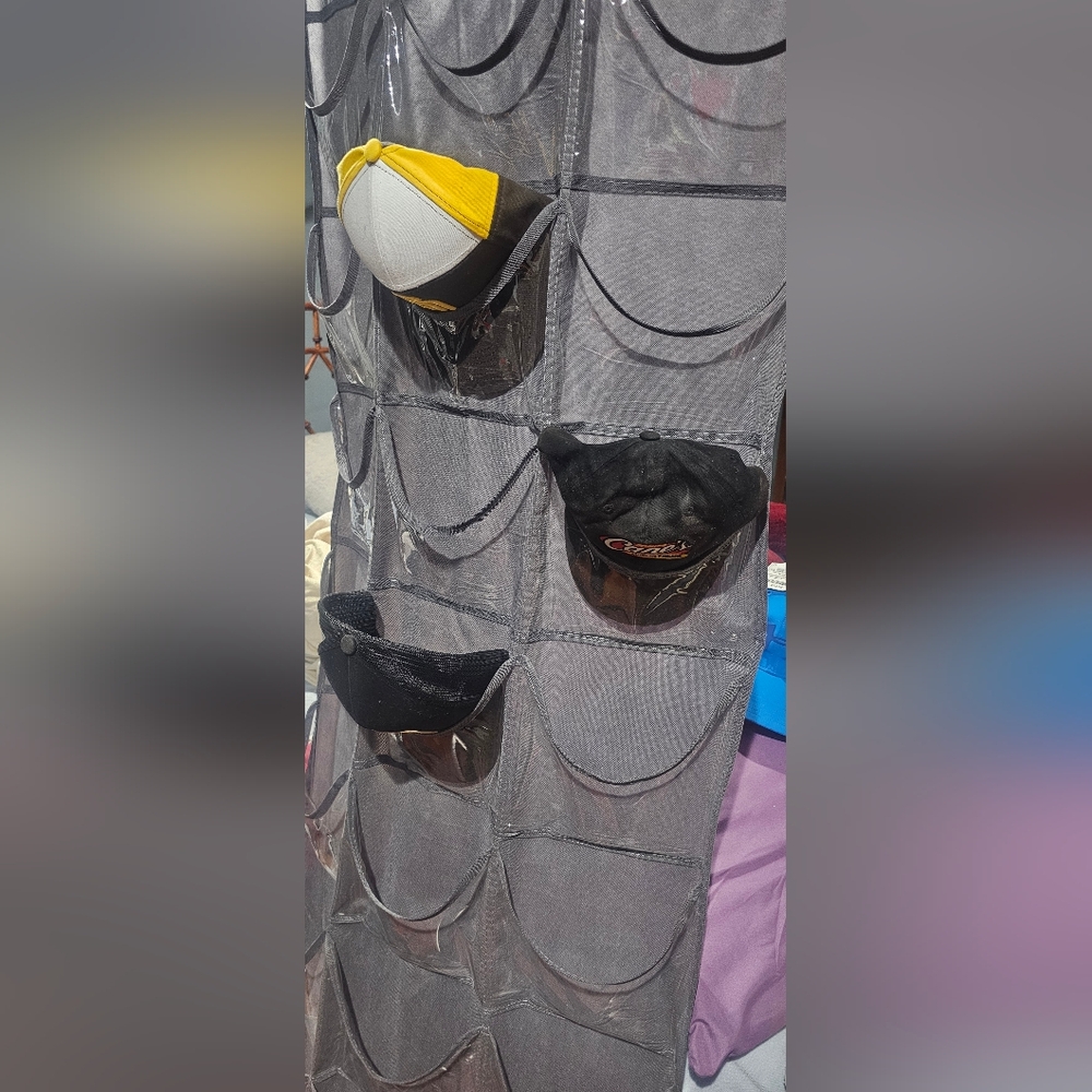 Hanging Mesh Hat Organizer with Pockets - Gray